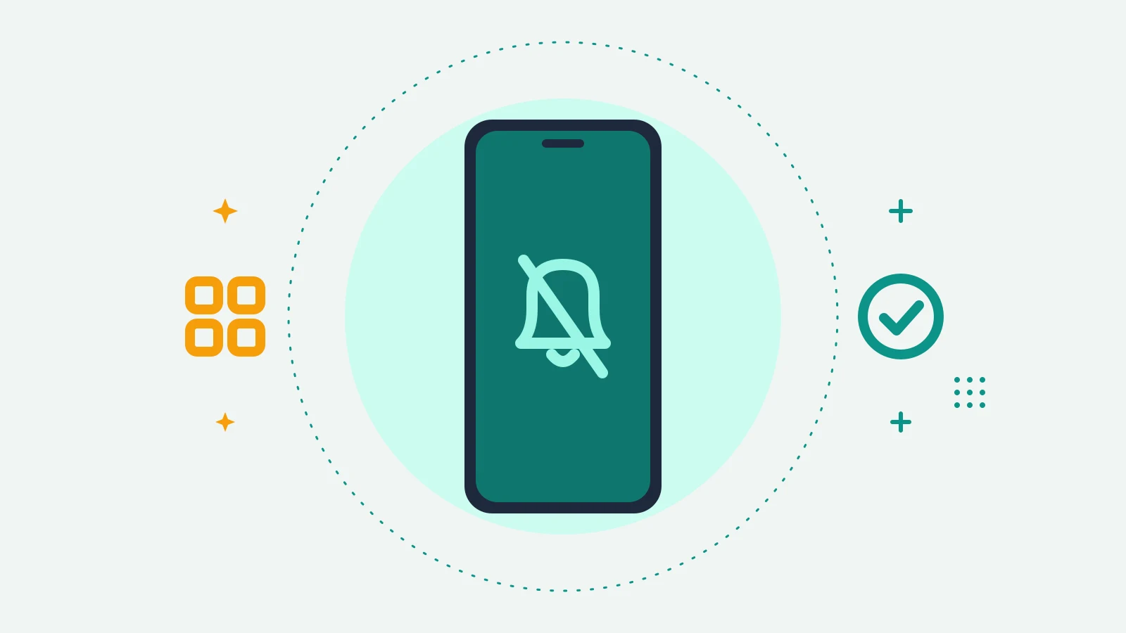 Illustration of a phone showing a bell with a slash through it, with a grid of app squares on one side and a check badge on the other
