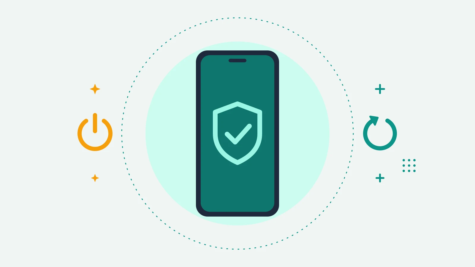 Illustration of a phone showing a shield with a check mark, with a power symbol on one side and a refresh arrow on the other