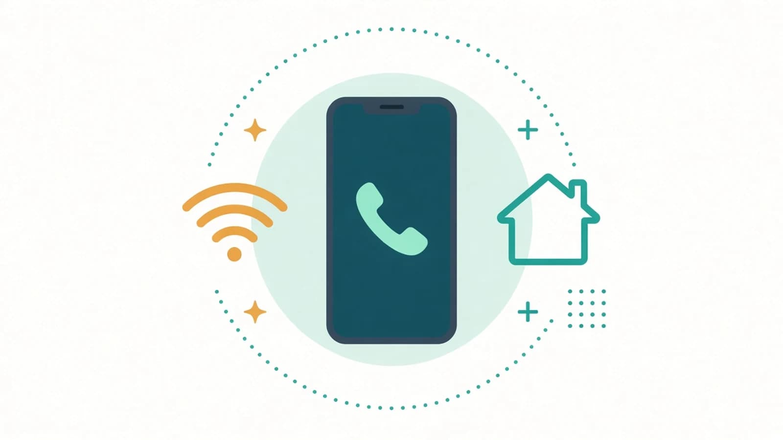 Illustration of a phone showing a phone handset, with a Wi-Fi symbol on one side and a house on the other