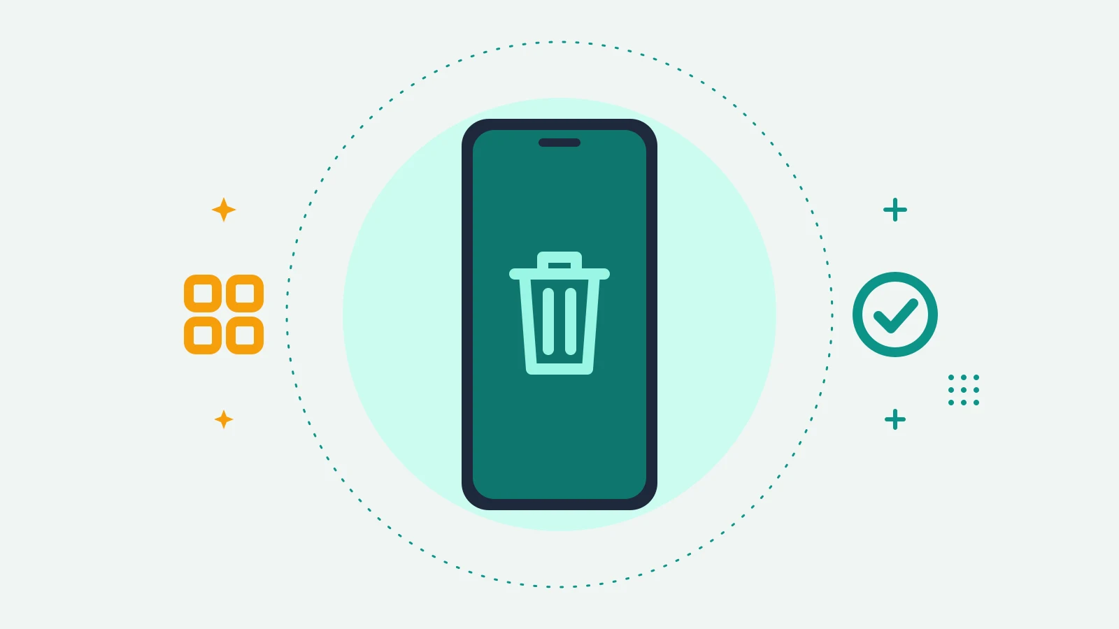 Illustration of a phone showing a trash can, with an app grid on one side and a check mark on the other