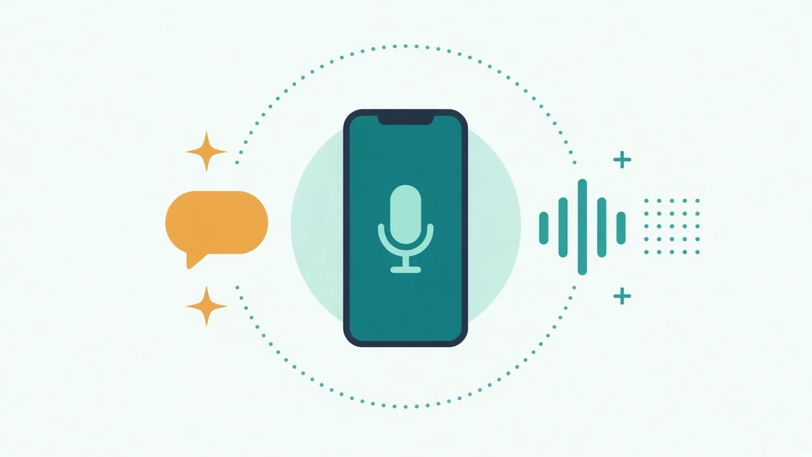 Illustration of a phone showing a microphone, with a speech bubble on one side and a sound wave on the other