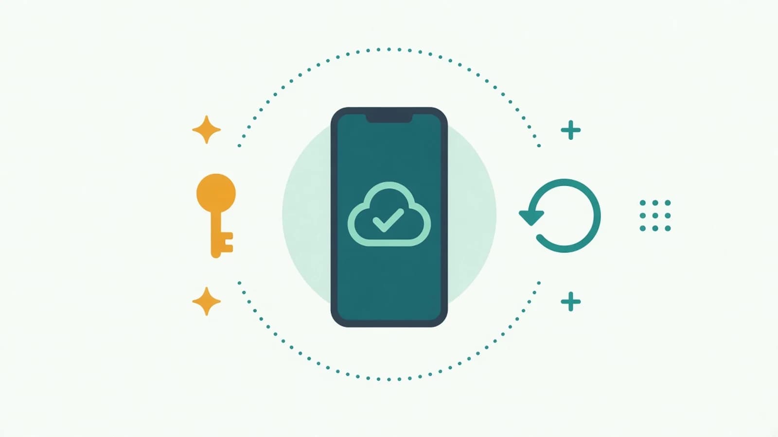 Illustration of a phone showing a cloud with a check mark, with a key on one side and a circular arrow on the other