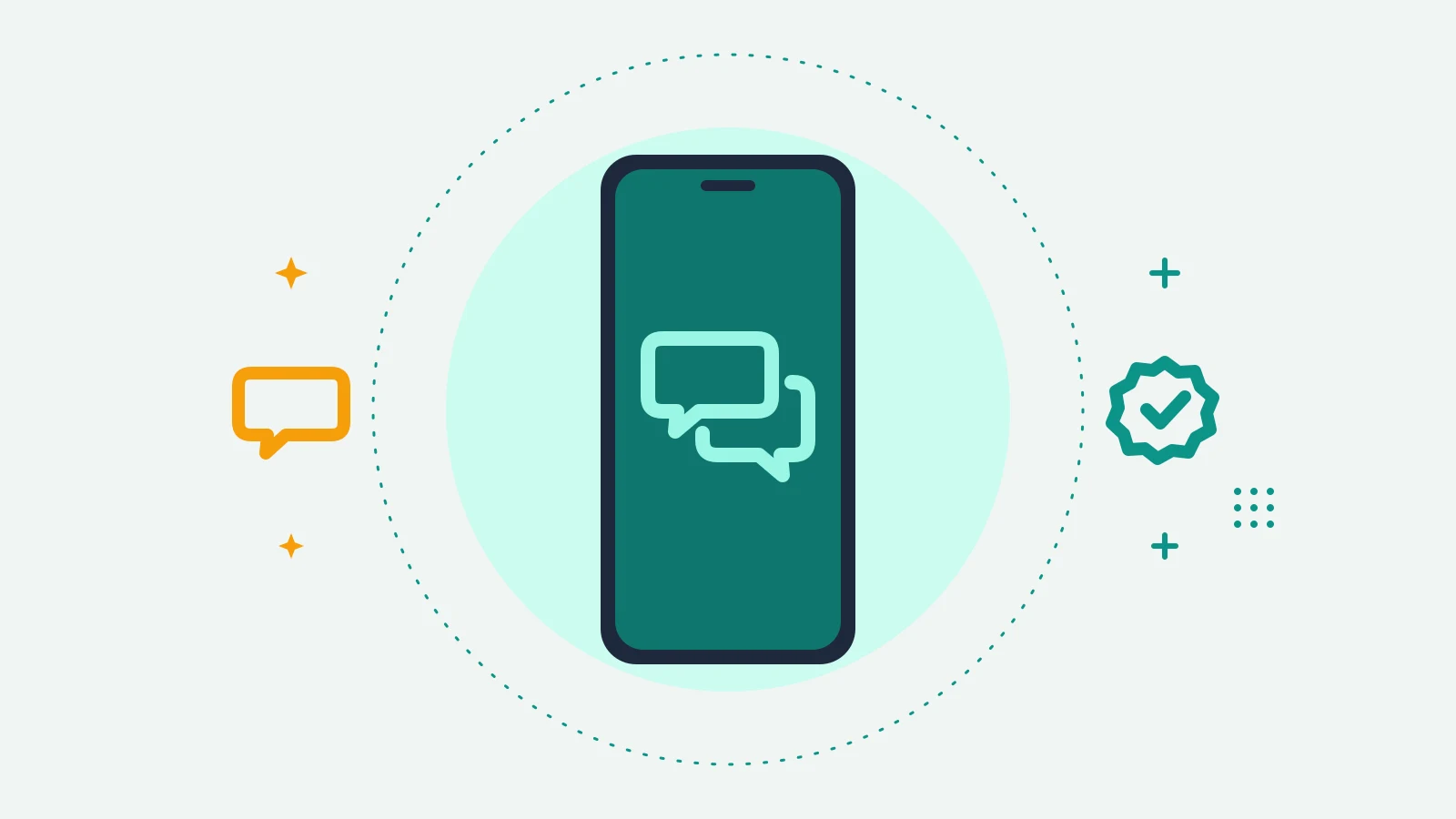 Illustration of a phone showing two chat bubbles, with a speech bubble on one side and a check badge on the other