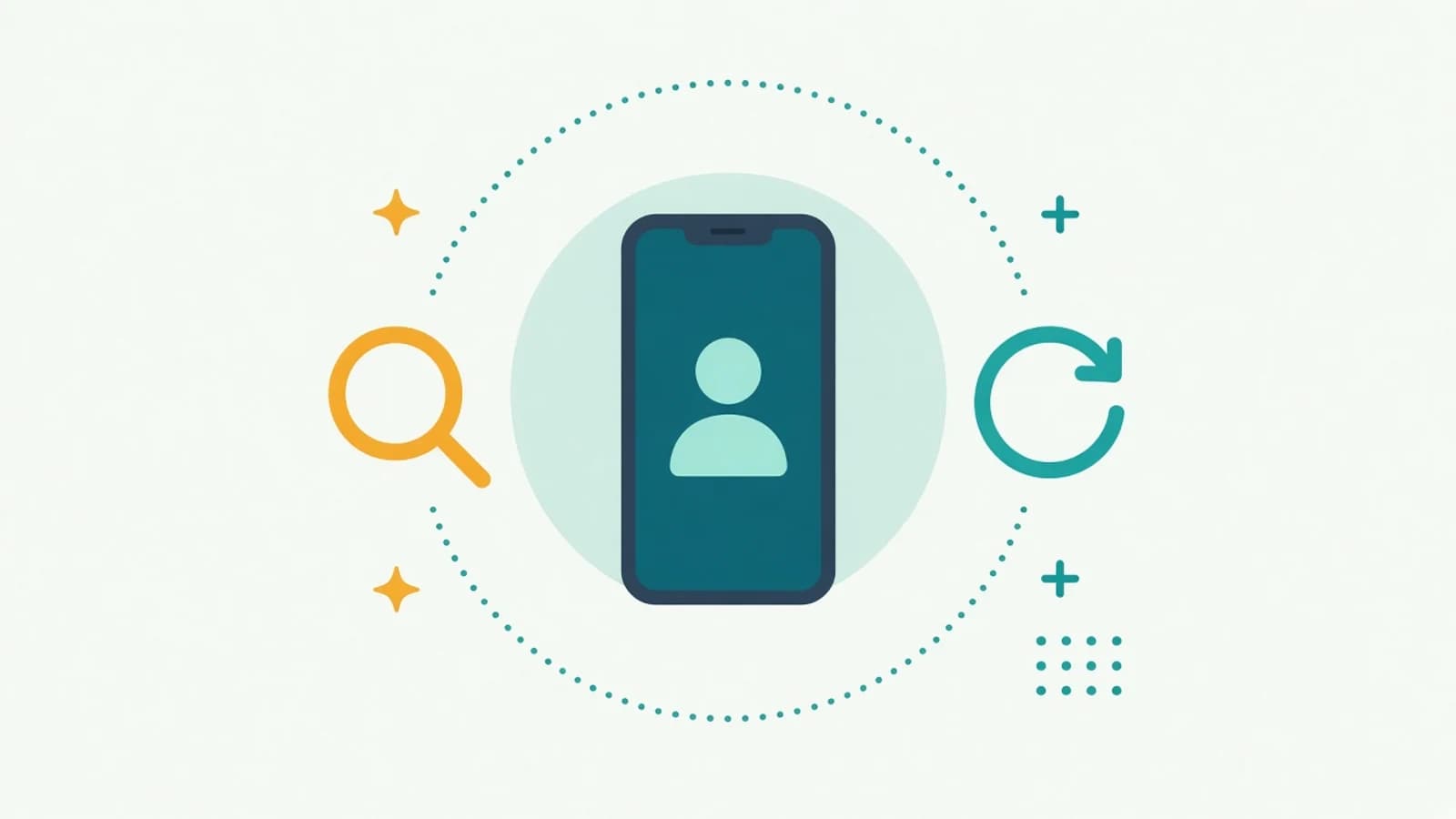 Illustration of a phone showing a simple person outline, with a magnifying glass on one side and a circular arrow on the other