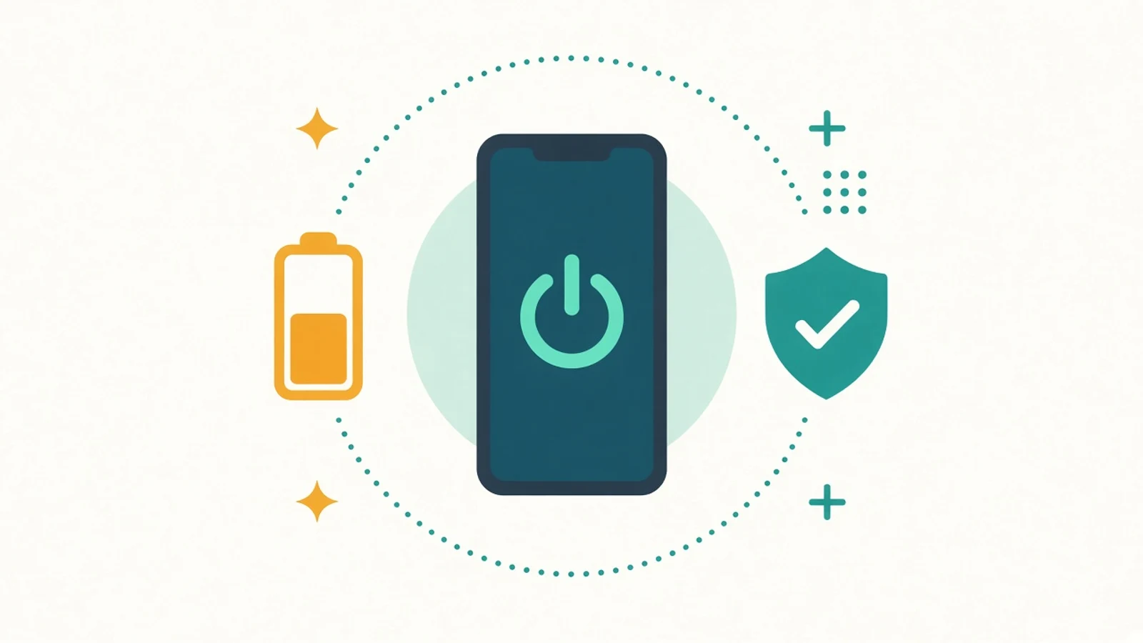 Illustration of a phone showing a power symbol, with a battery on one side and a shield with a check mark on the other