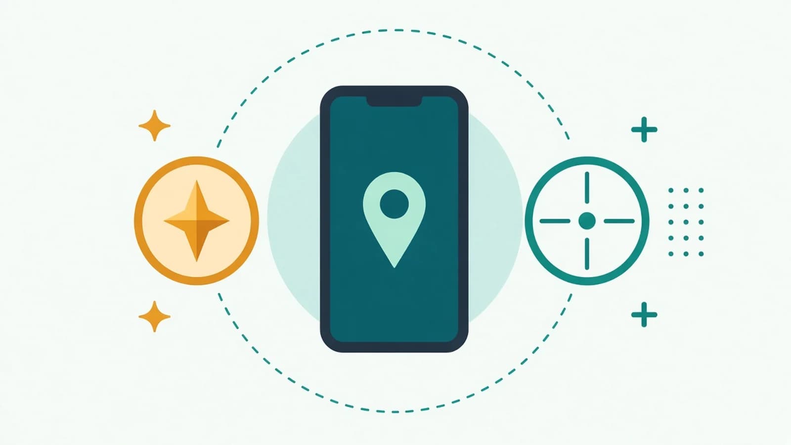 Illustration of a phone showing a map pin, with a compass on one side and a target symbol on the other