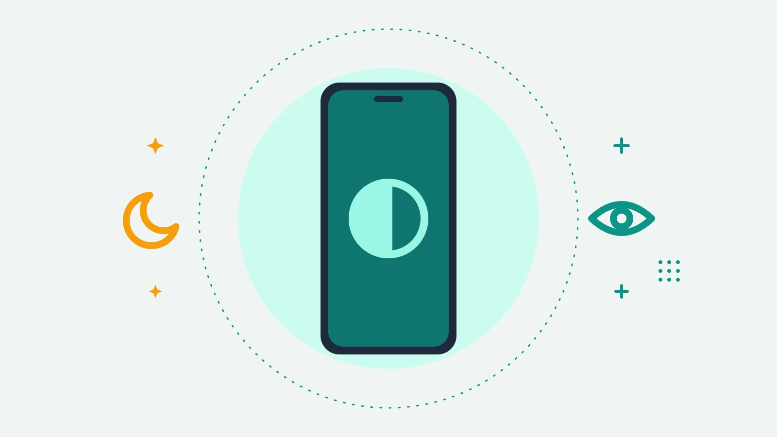 Illustration of a phone showing a half-filled circle, with a crescent moon on one side and an eye on the other