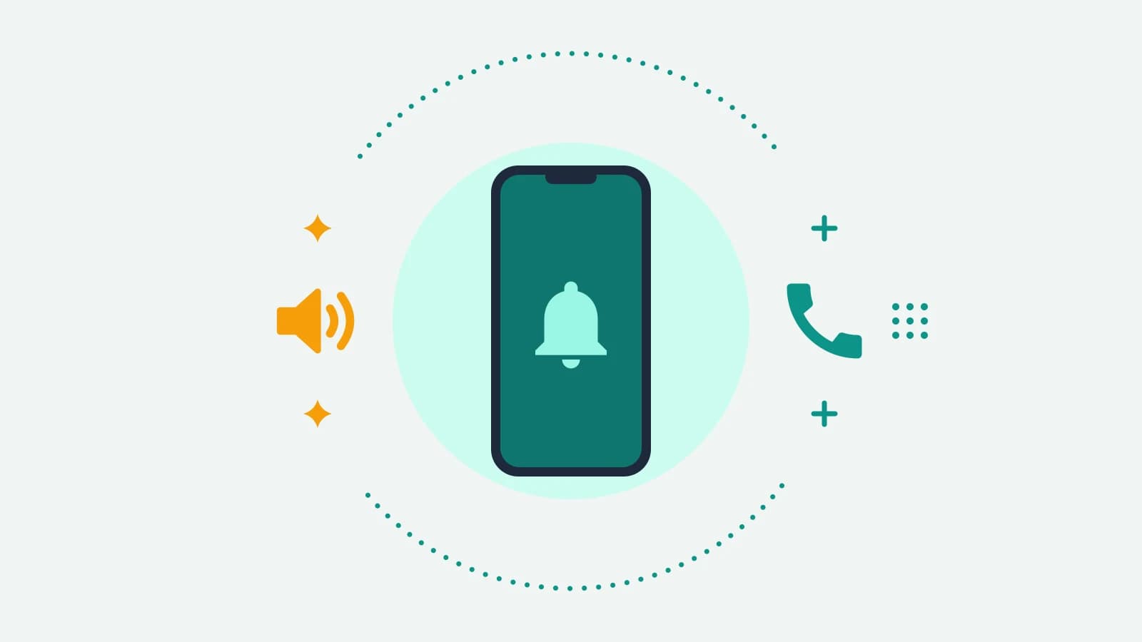 Illustration of a phone showing a bell icon, with a speaker on one side and a phone handset on the other
