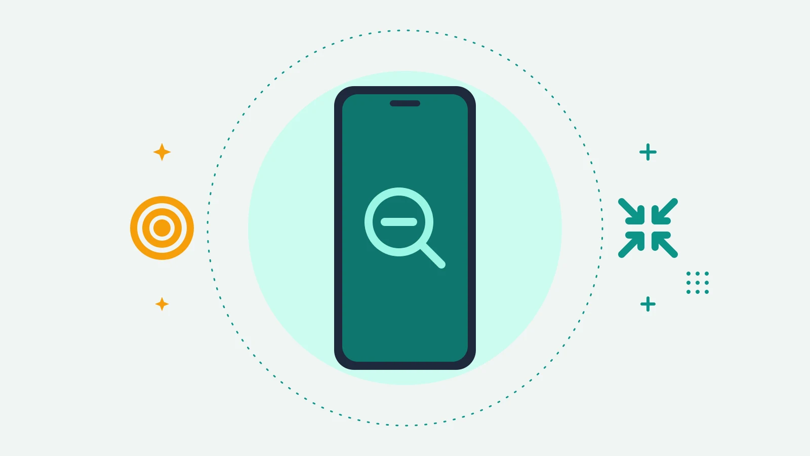 Illustration of a phone showing a magnifying glass with a minus sign, with tap rings on one side and four inward-pointing arrows on the other