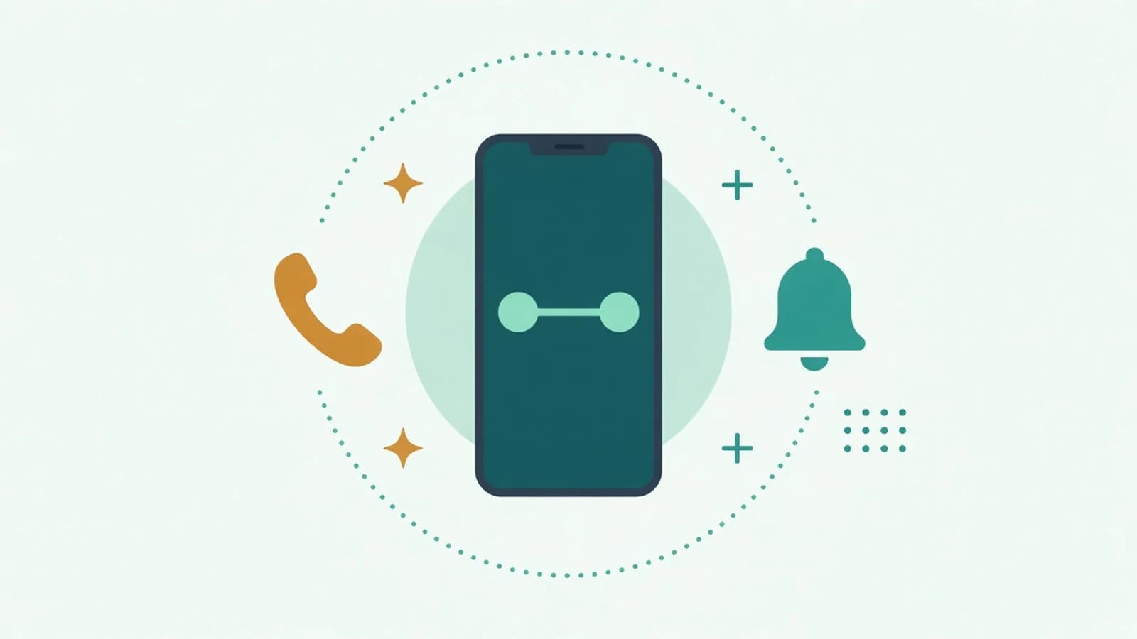 Illustration of a phone showing a voicemail symbol, with a phone handset on one side and a notification bell on the other
