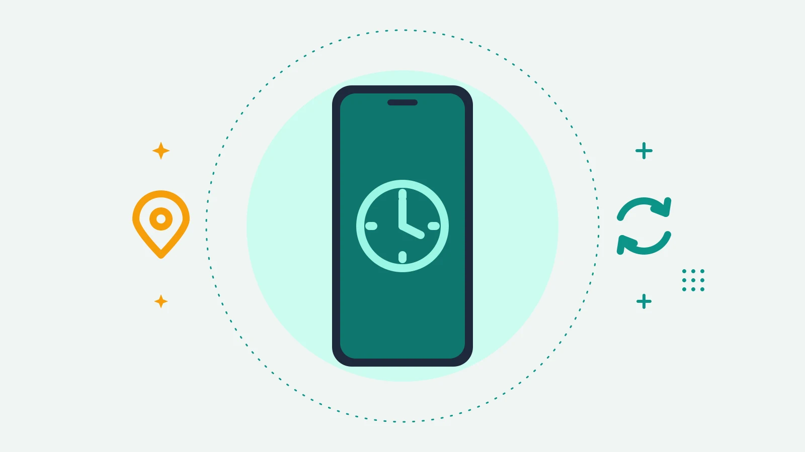Illustration of a phone showing a clock face, with a location pin on one side and circular refresh arrows on the other
