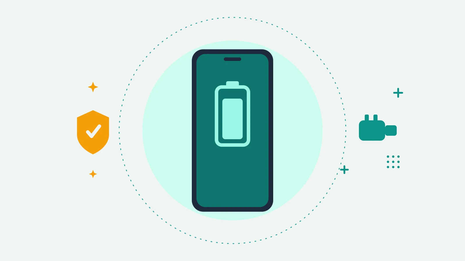 Illustration of a phone showing a battery near the top, with a shield on one side and a power plug on the other
